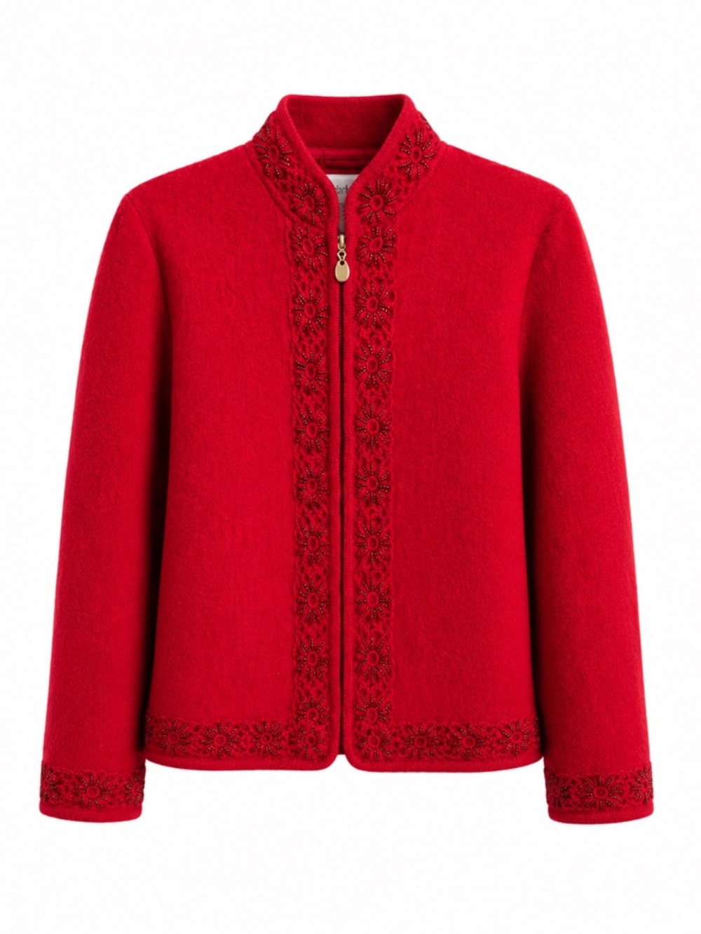 Chadwick’s Red Wool Jacket Beaded Embroidered Trim Zip Front Size S